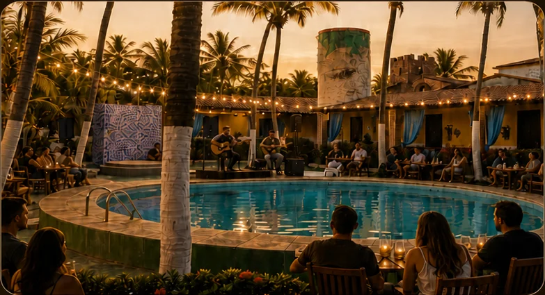 Música ao vivo próxima à piscina do Nomad's Jeri