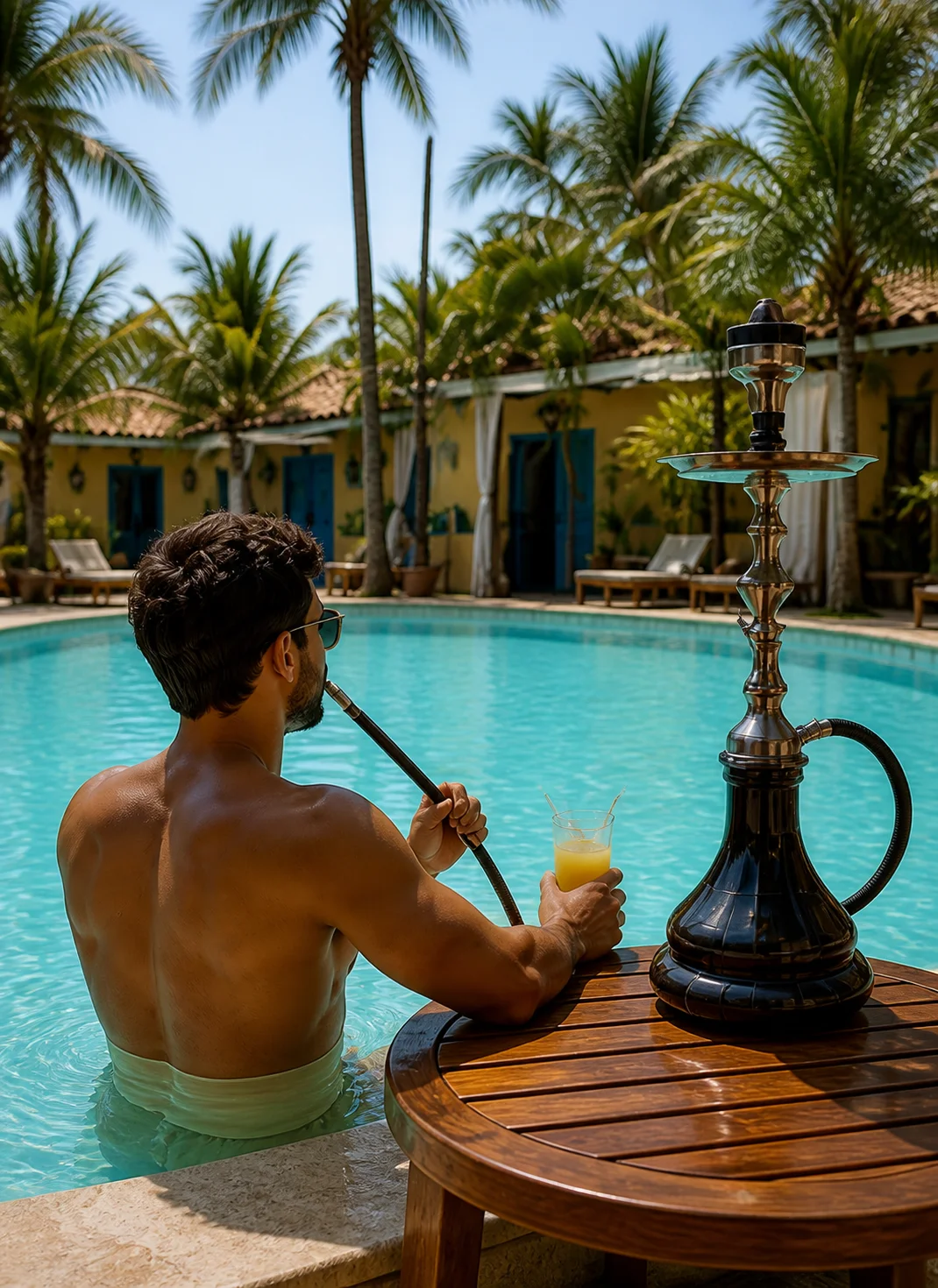 Visitante aproveitando narguile e drink à beira da piscina