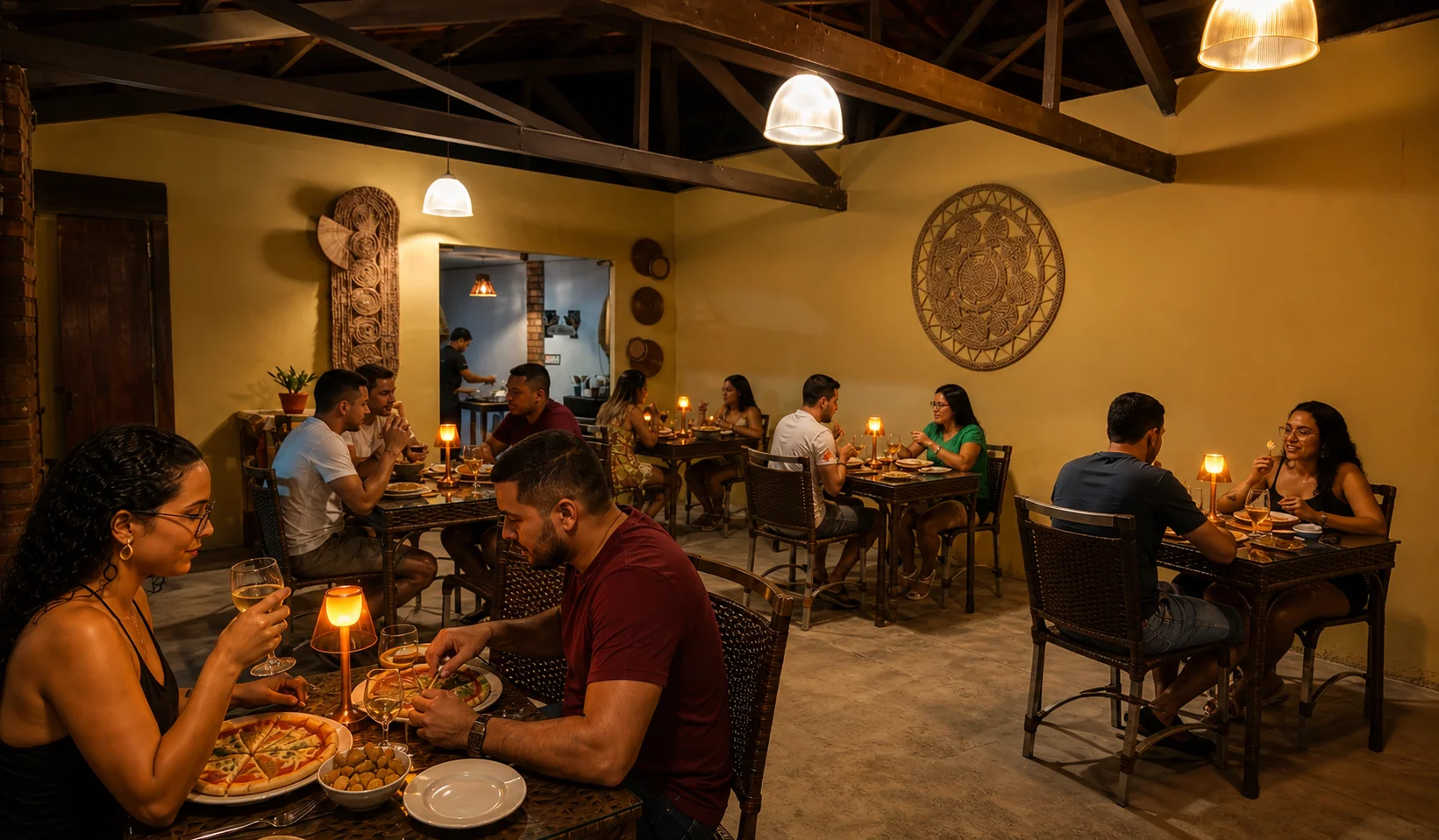 Clientes reunidos nas mesas do restaurante Nomad's Jeri