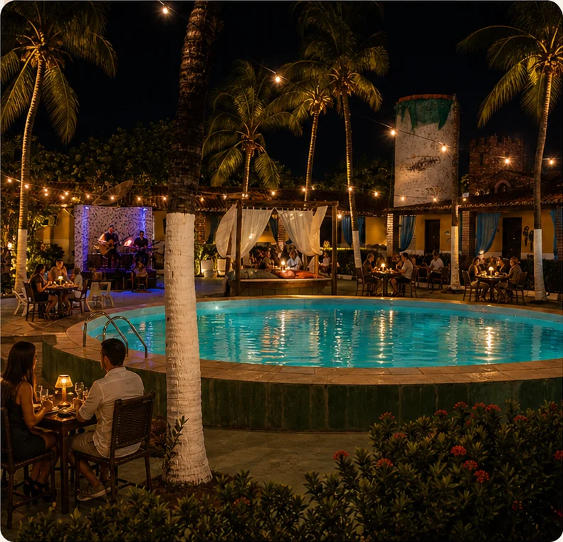 Noite no Nomad's Jeri ao redor da piscina
