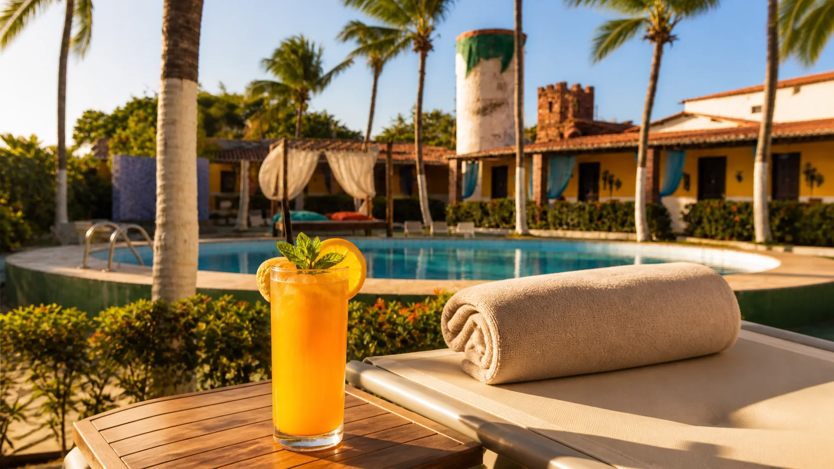 Drink gelado e toalha ao lado da piscina