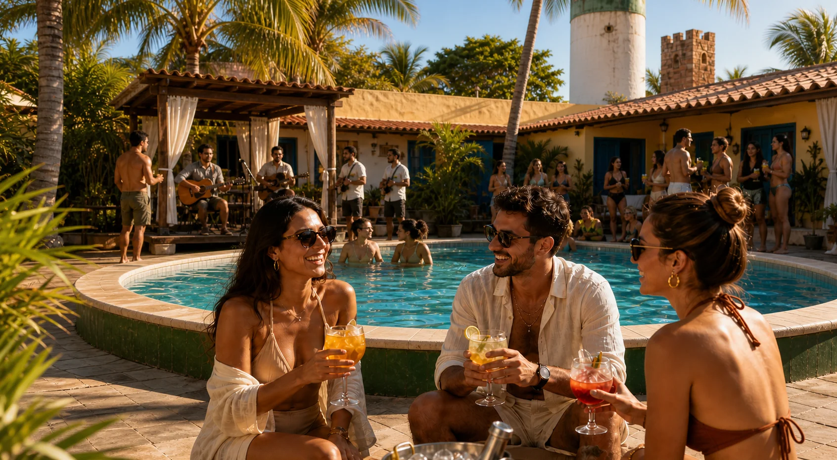 Pessoas aproveitando música e drinks na piscina